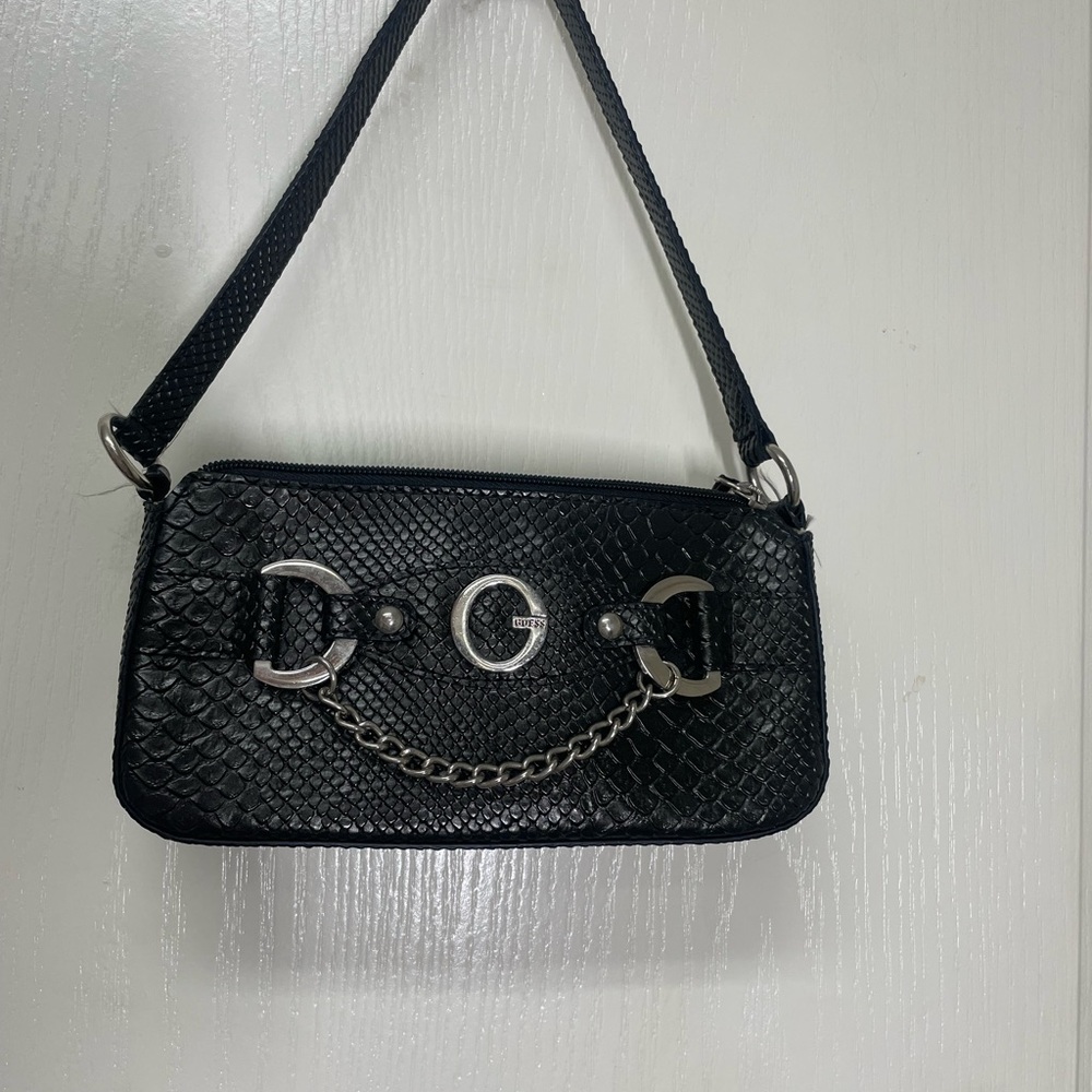 Guess Black Snake Print Clutch with Chain Accent